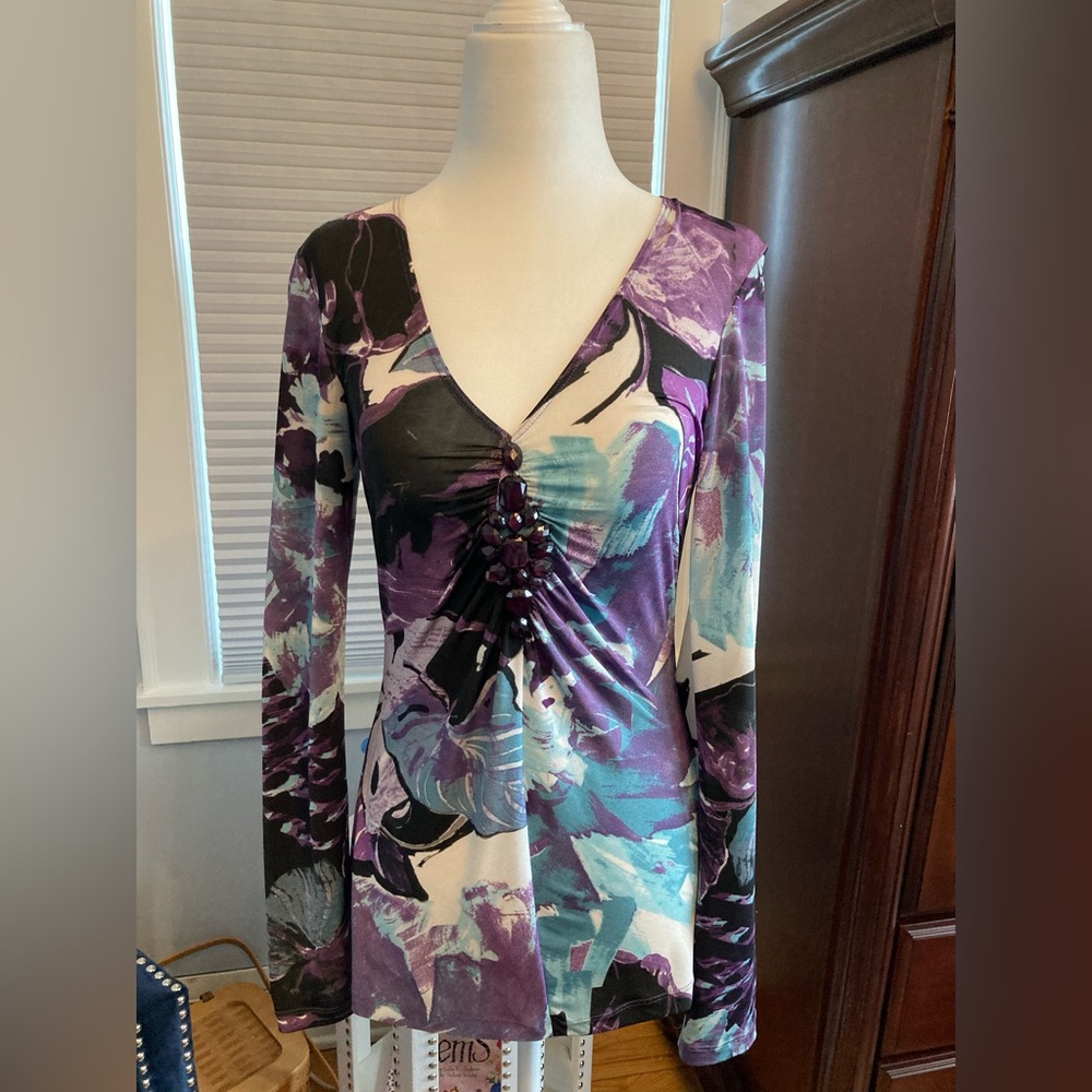 Karen Kane multi-color modern top n purple black cream and teal w/purple gems